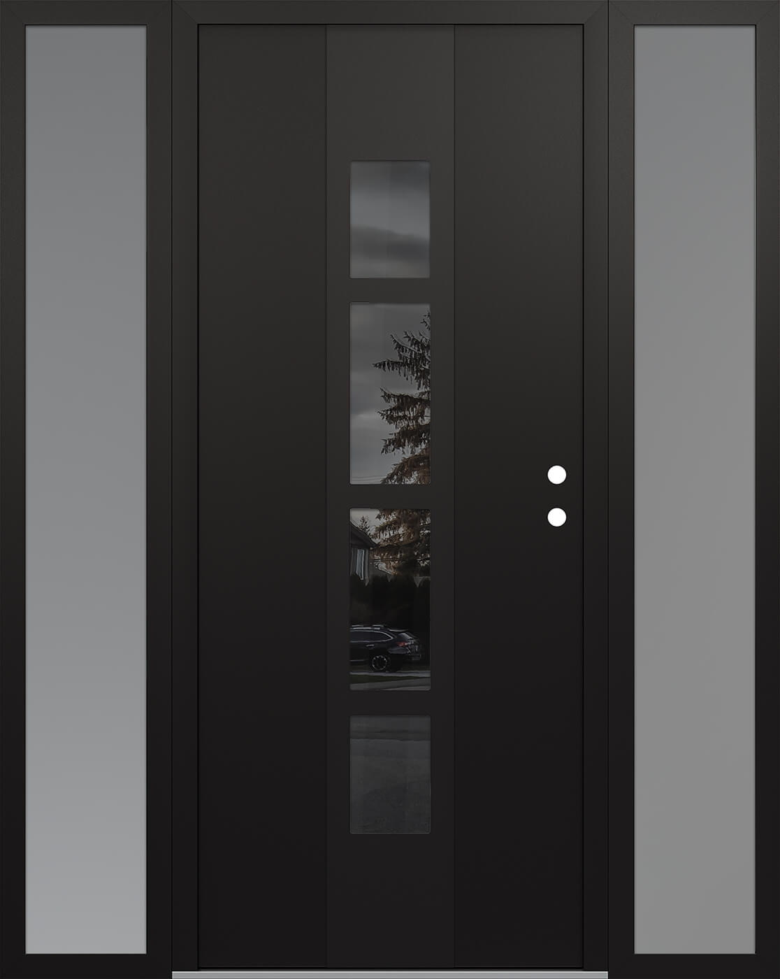 Modern Steel Front Door DIAMOND A10 60" X 80" BLACK/BLACK MIRRORED GLASS PANEL BLACK LHI WITH 2 SIDELITES FROSTED GLASS