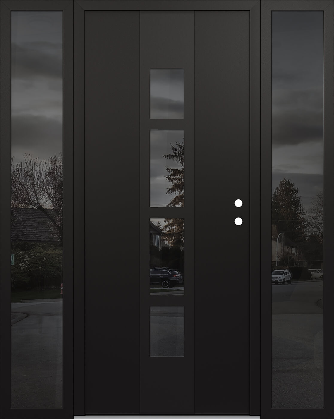 Modern Steel Front Door DIAMOND A10 60" X 80" BLACK/BLACK MIRRORED GLASS PANEL BLACK LHI WITH 2 SIDELITES MIRRORED GLASS