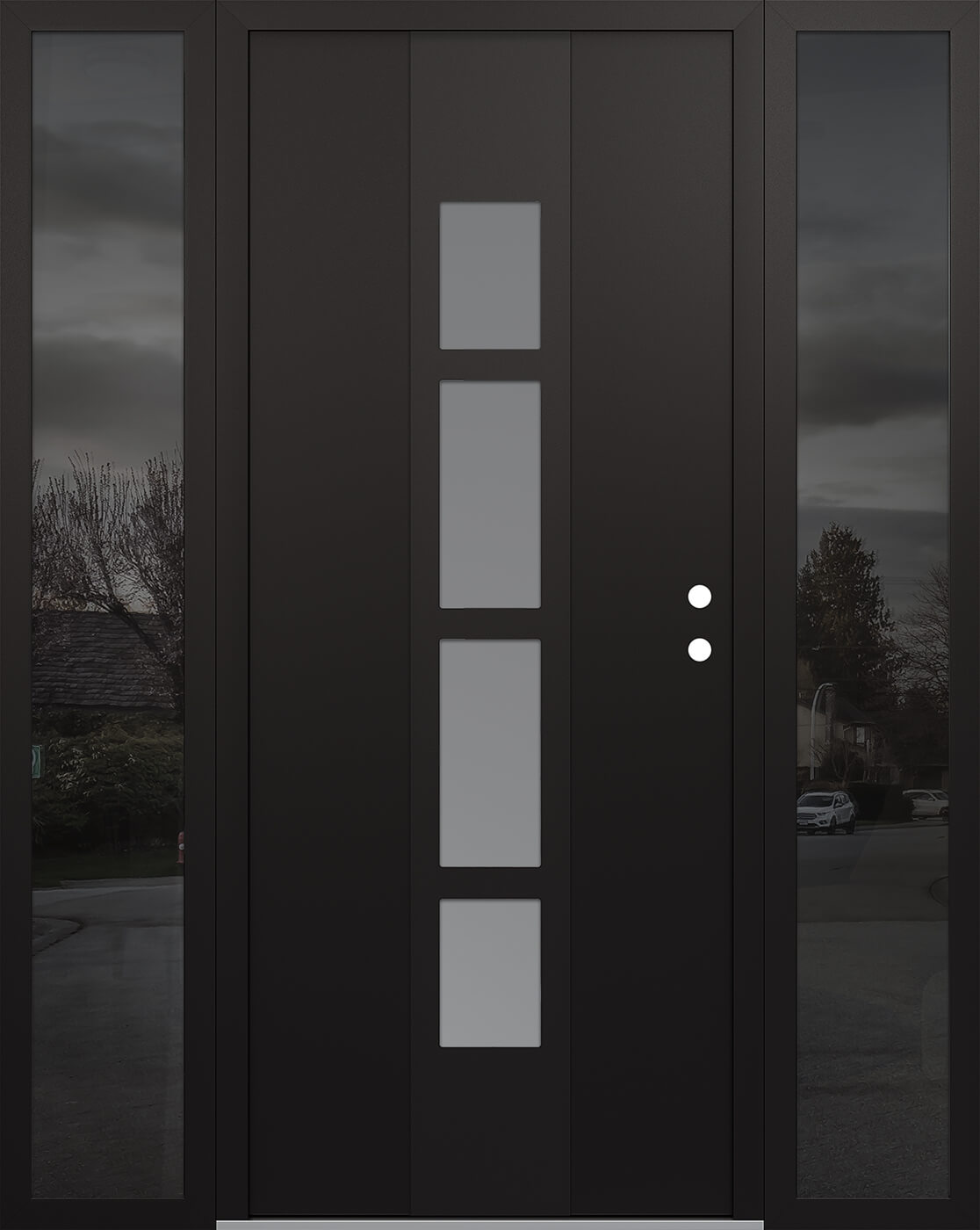 Modern Steel Front Door DIAMOND A10 60" X 80" BLACK/WHITE FROSTED GLASS PANEL BLACK LHI WITH 2 SIDELITES MIRRORED GLASS