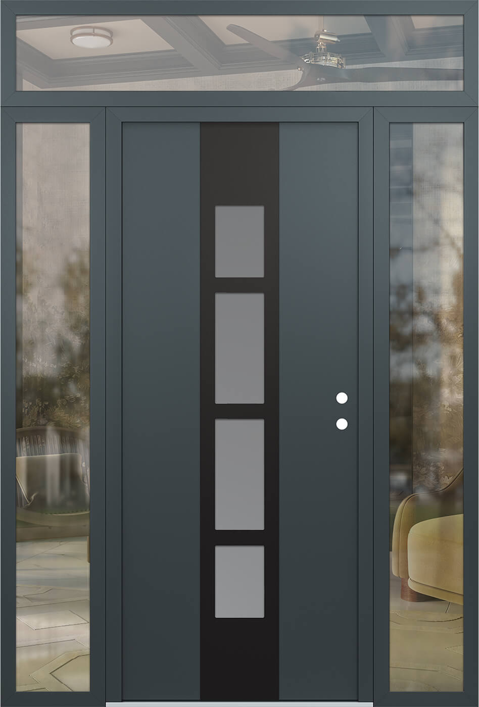 Modern Steel Front Door DIAMOND A10 60" X 96" ANTHRACITE/ANTHRACITE FROSTED GLASS PANEL BLACK LHI WITH 2 SIDELITES AND TRANSOM CLEAR GLASS