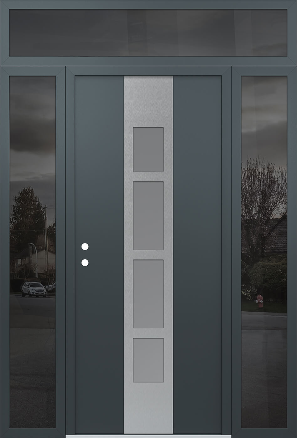 Modern Steel Front Door DIAMOND A10 60" X 96" ANTHRACITE/ANTHRACITE FROSTED GLASS PANEL STAINLESS STEEL RHI WITH 2 SIDELITES AND TRANSOM MIRRORED GLASS