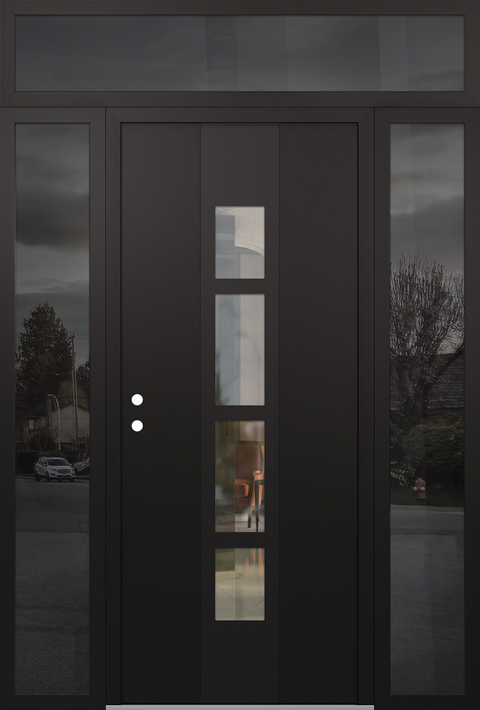 Modern Steel Front Door DIAMOND A10 60" X 96" BLACK/BLACK CLEAR GLASS PANEL BLACK RHI WITH 2 SIDELITES AND TRANSOM MIRRORED GLASS