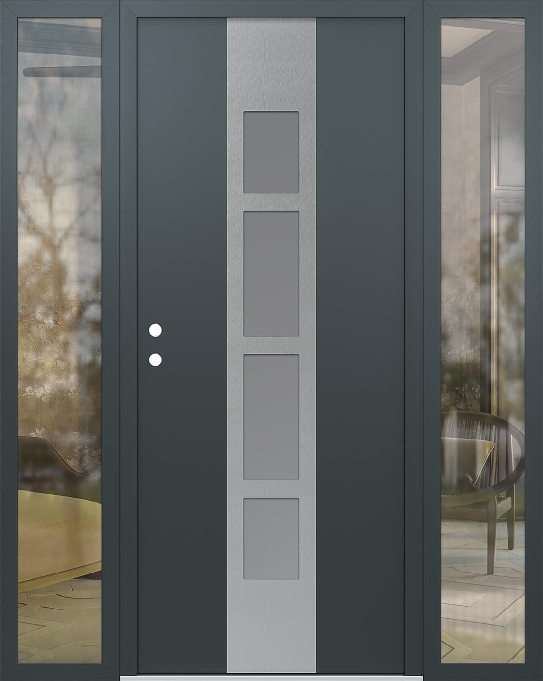 Modern Steel Front Door DIAMOND A10 64" X 80" ANTHRACITE/ANTHRACITE FROSTED GLASS PANEL STAINLESS STEEL RHI WITH 2 SIDELITES CLEAR GLASS