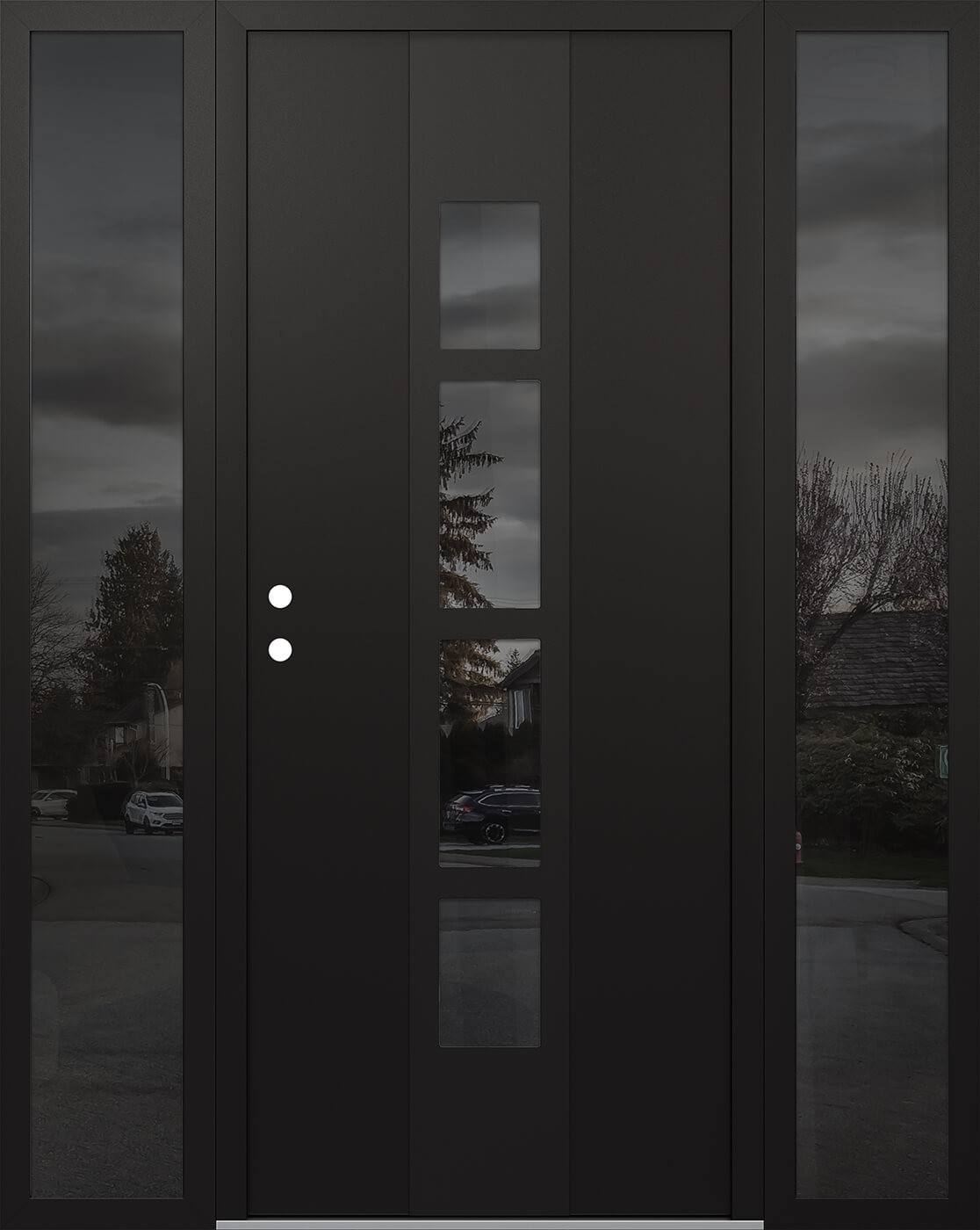 Modern Steel Front Door DIAMOND A10 64" X 80" BLACK/BLACK MIRRORED GLASS PANEL BLACK RHI WITH 2 SIDELITES MIRRORED GLASS