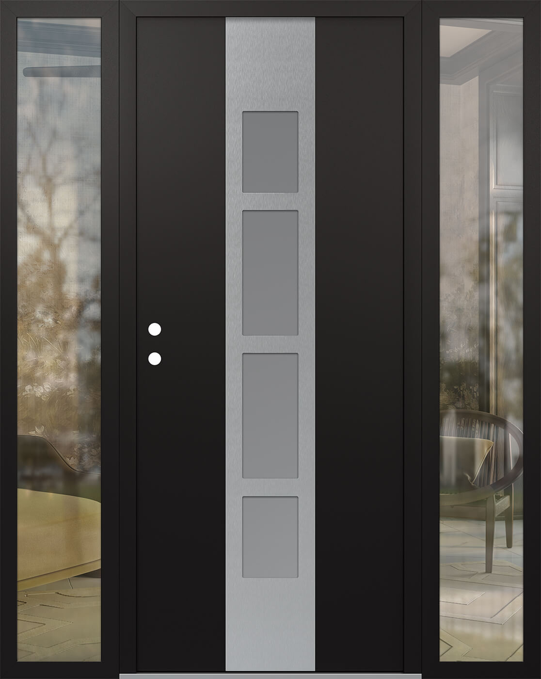 Modern Steel Front Door DIAMOND A10 64" X 80" BLACK/WHITE FROSTED GLASS PANEL STAINLESS STEEL RHI WITH 2 SIDELITES CLEAR GLASS