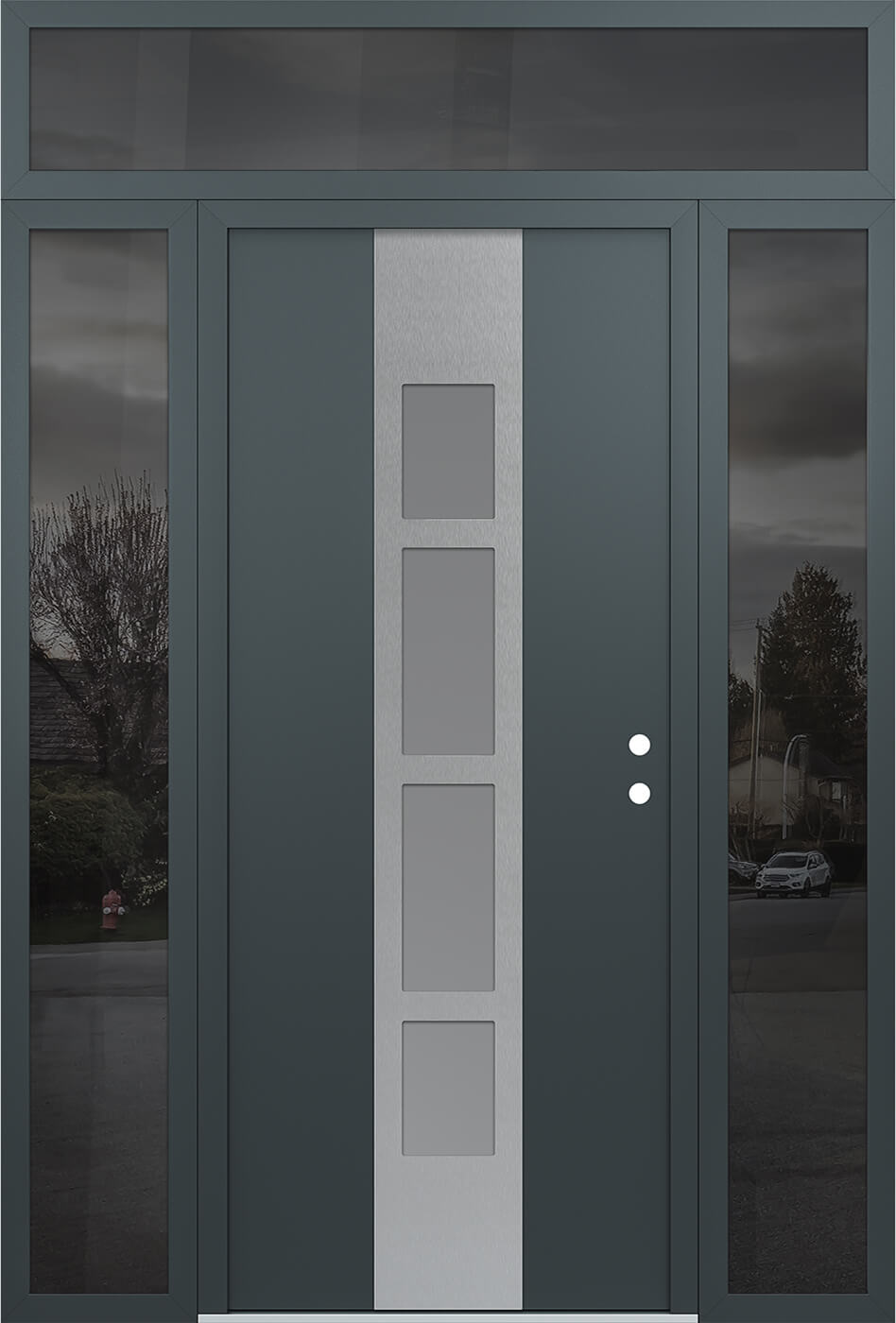 Modern Steel Front Door DIAMOND A10 64" X 96" ANTHRACITE/ANTHRACITE FROSTED GLASS PANEL STAINLESS STEEL LHI WITH 2 SIDELITES AND TRANSOM MIRRORED GLASS