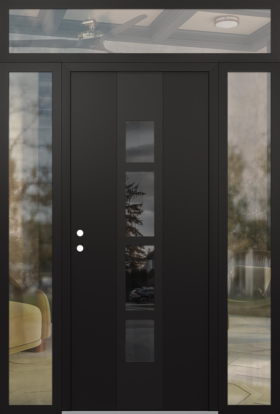 Modern Steel Front Door DIAMOND A10 64" X 96" BLACK/BLACK MIRRORED GLASS PANEL BLACK RHI WITH 2 SIDELITES AND TRANSOM CLEAR GLASS
