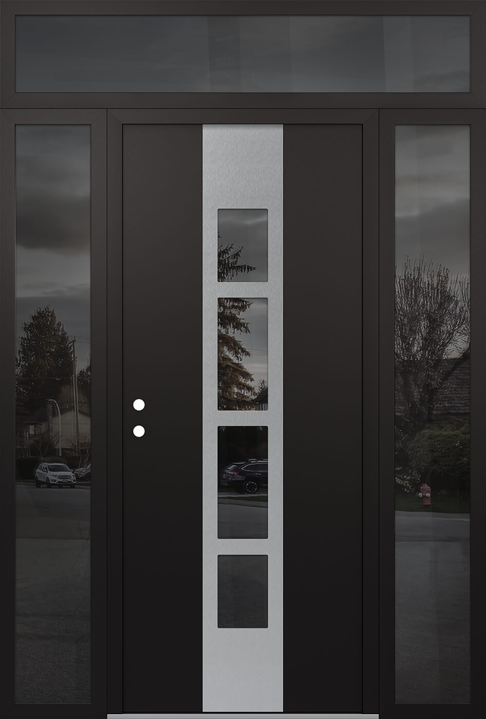 Modern Steel Front Door DIAMOND A10 64" X 96" BLACK/BLACK MIRRORED GLASS PANEL STAINLESS STEEL RHI WITH 2 SIDELITES AND TRANSOM MIRRORED GLASS