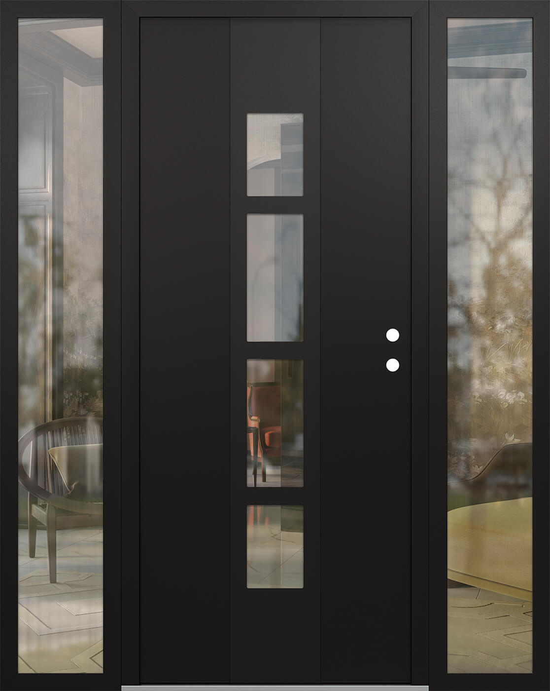 Modern Steel Front Door DIAMOND A10 68" X 80" BLACK/BLACK CLEAR GLASS PANEL BLACK LHI WITH 2 SIDELITES CLEAR GLASS
