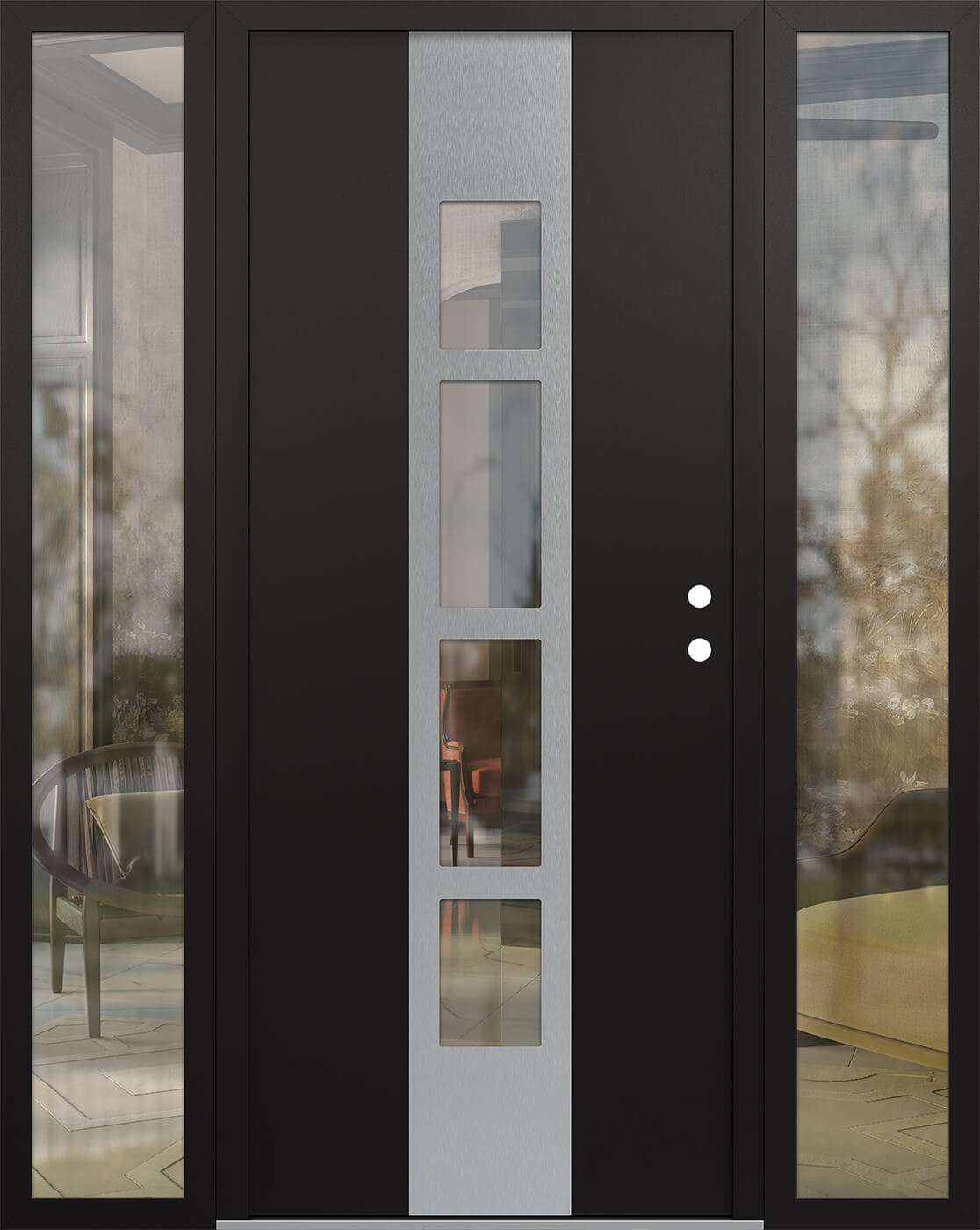 Modern Steel Front Door DIAMOND A10 68" X 80" BLACK/BLACK CLEAR GLASS PANEL STAINLESS STEEL LHI WITH 2 SIDELITES CLEAR GLASS