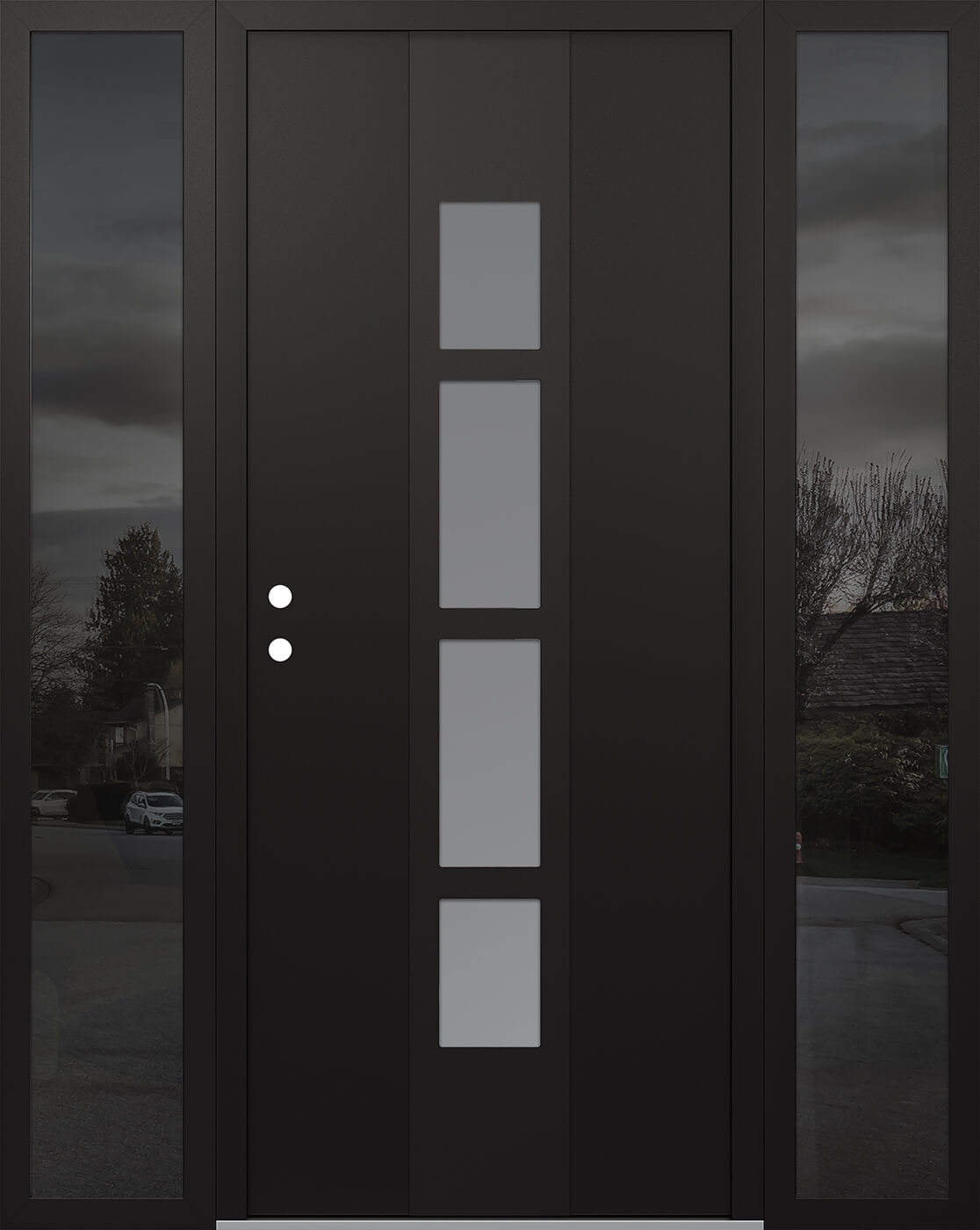 Modern Steel Front Door DIAMOND A10 68" X 80" BLACK/WHITE FROSTED GLASS PANEL BLACK RHI WITH 2 SIDELITES MIRRORED GLASS