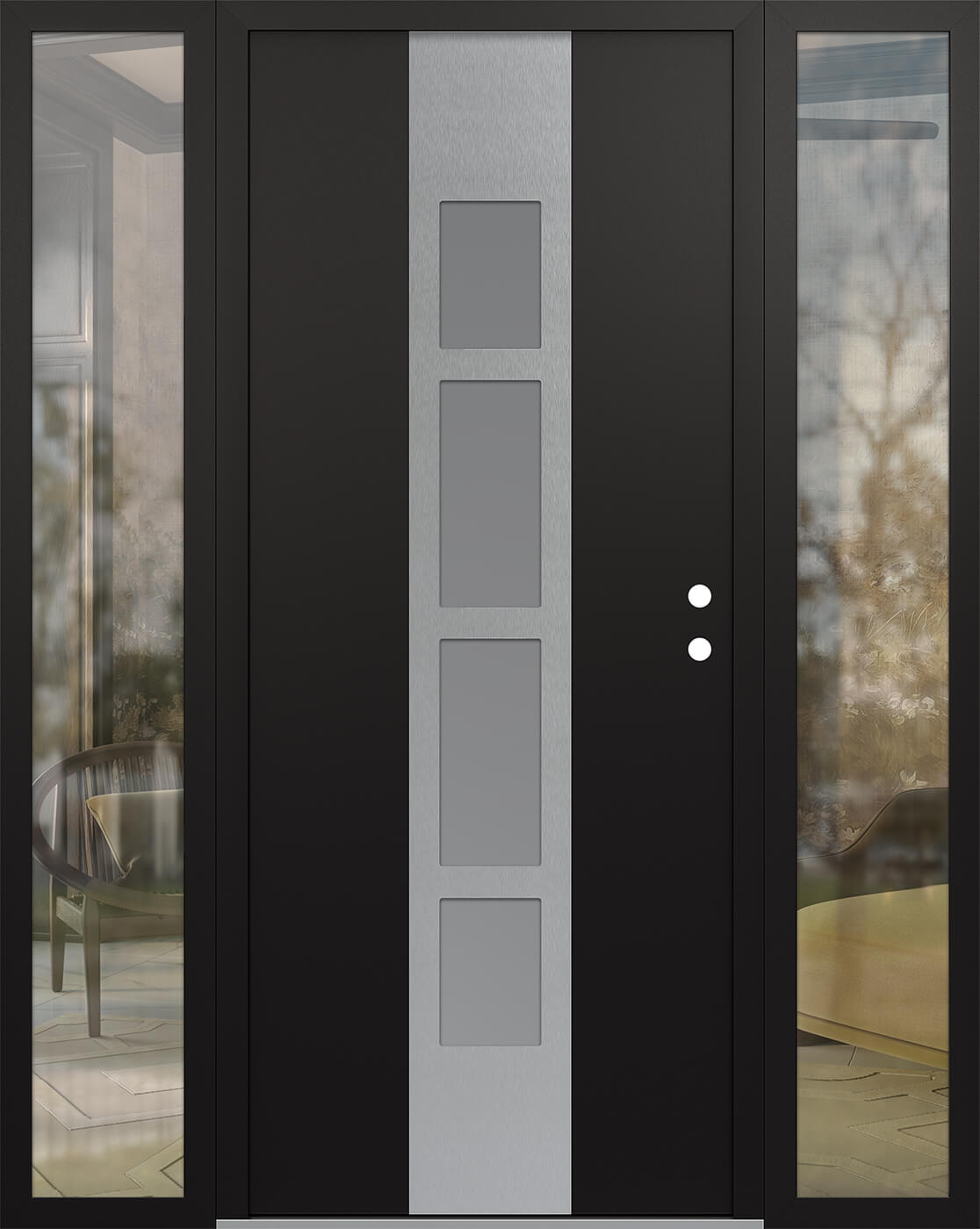 Modern Steel Front Door DIAMOND A10 68" X 80" BLACK/WHITE FROSTED GLASS PANEL STAINLESS STEEL LHI WITH 2 SIDELITES CLEAR GLASS