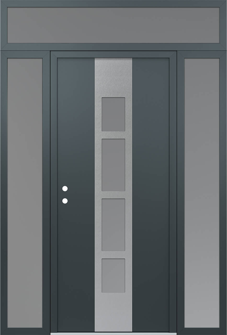 Modern Steel Front Door DIAMOND A10 68" X 96" ANTHRACITE/ANTHRACITE FROSTED GLASS PANEL STAINLESS STEEL RHI WITH 2 SIDELITES AND TRANSOM FROSTED GLASS