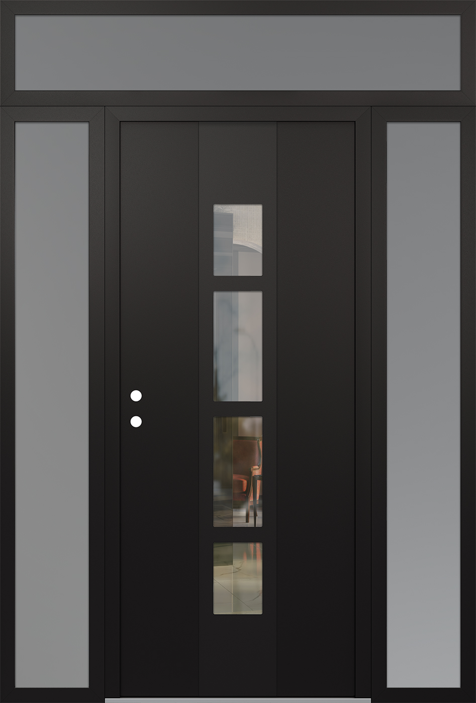 Modern Steel Front Door DIAMOND A10 68" X 96" BLACK/BLACK CLEAR GLASS PANEL BLACK RHI WITH 2 SIDELITES AND TRANSOM FROSTED GLASS