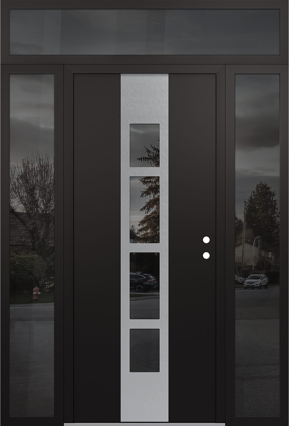 Modern Steel Front Door DIAMOND A10 68" X 96" BLACK/BLACK MIRRORED GLASS PANEL STAINLESS STEEL LHI WITH 2 SIDELITES AND TRANSOM MIRRORED GLASS