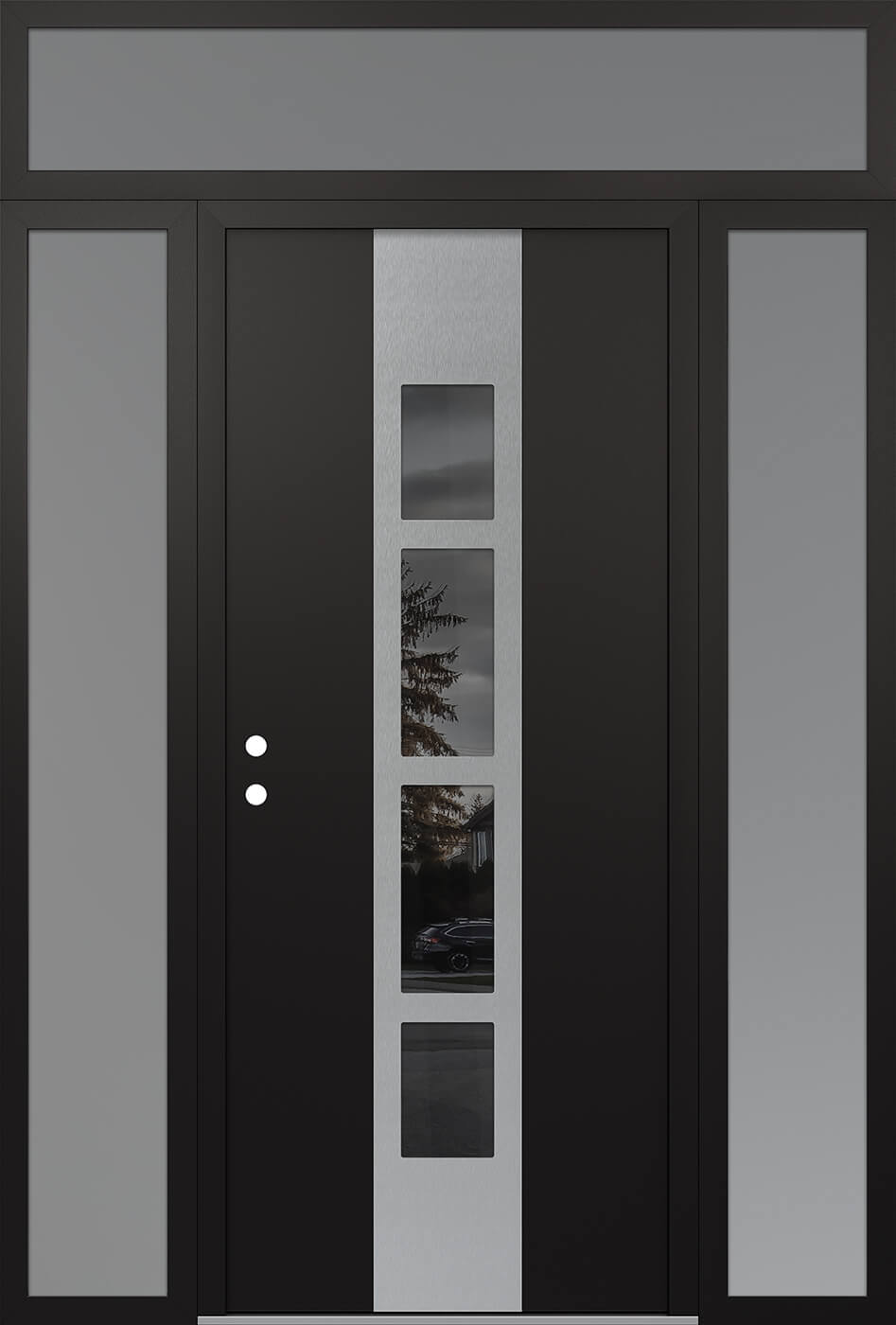Modern Steel Front Door DIAMOND A10 68" X 96" BLACK/BLACK MIRRORED GLASS PANEL STAINLESS STEEL RHI WITH 2 SIDELITES AND TRANSOM FROSTED GLASS