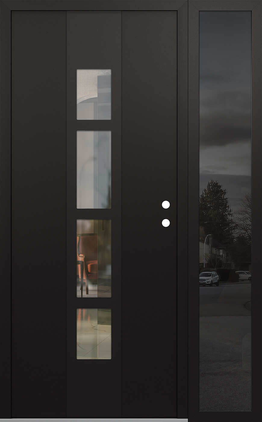 Modern Steel Front Door DIAMOND A10 50" X 80" BLACK/BLACK CLEAR GLASS PANEL BLACK LHI WITH SIDELITE MIRRORED GLASS