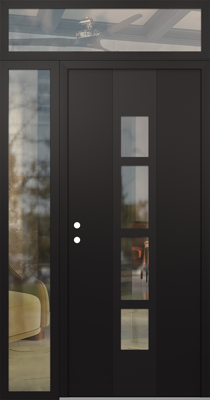 Modern Steel Front Door DIAMOND A10 50" X 96" BLACK/BLACK CLEAR GLASS PANEL BLACK RHI WITH SIDELITE AND TRANSOM MIRRORED GLASS