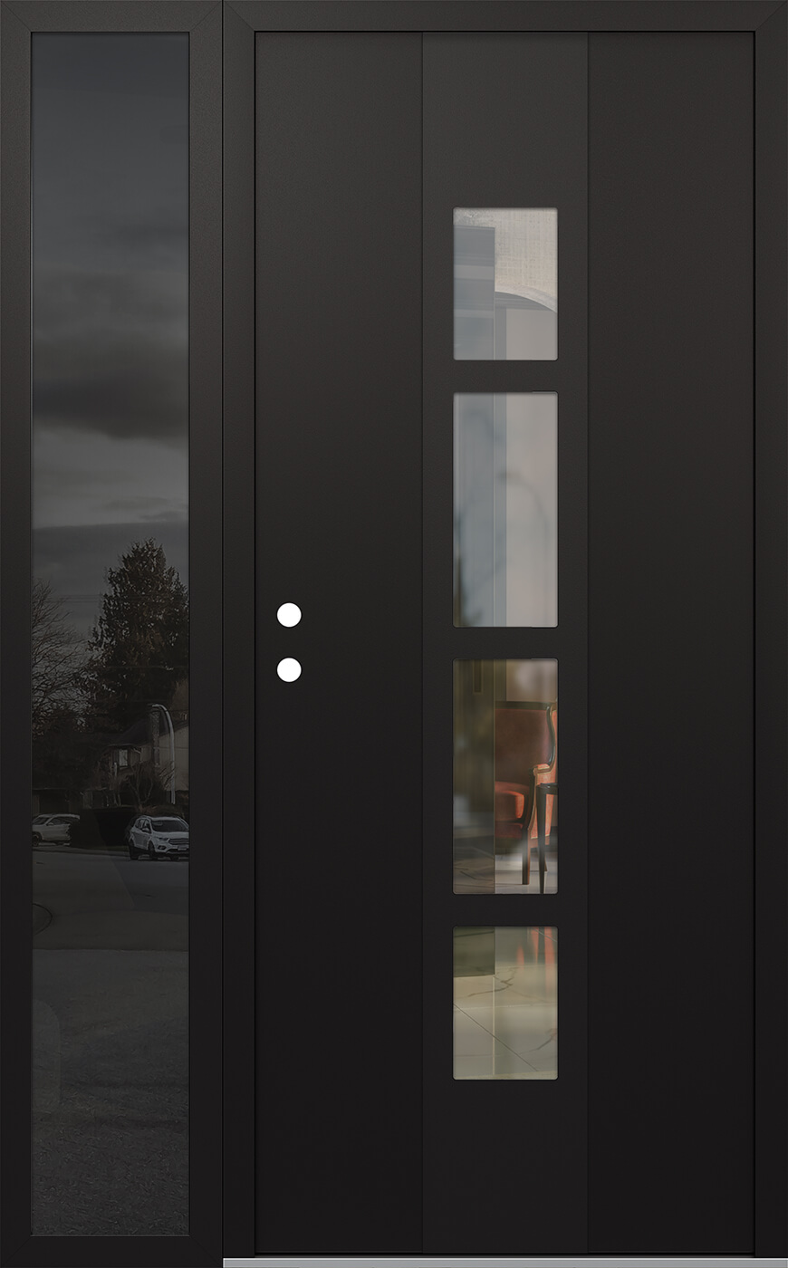 Modern Steel Front Door DIAMOND A10 52" X 80" BLACK/BLACK CLEAR GLASS PANEL BLACK RHI WITH SIDELITE MIRRORED GLASS