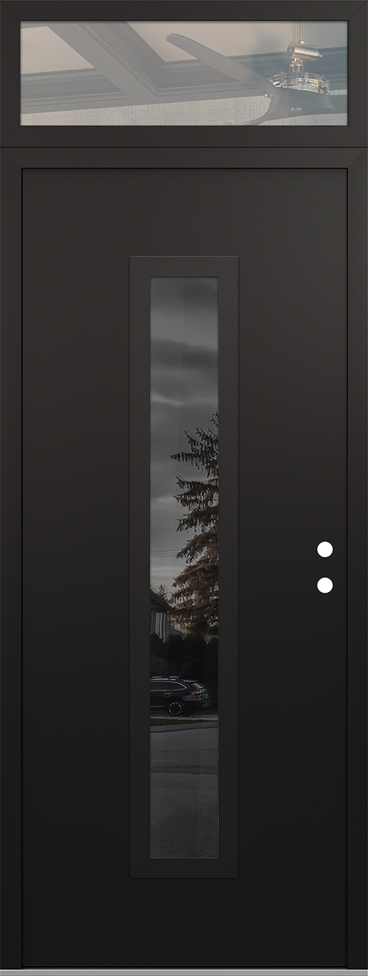 Modern Steel Front Door DIAMOND A11 36" X 96" BLACK/BLACK MIRRORED GLASS PANEL BLACK LHI WITH TRANSOM CLEAR GLASS