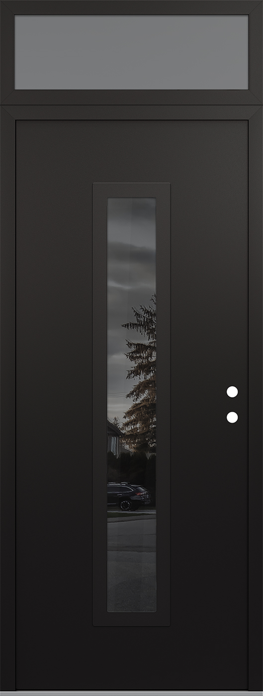 Modern Steel Front Door DIAMOND A11 36" X 96" BLACK/BLACK MIRRORED GLASS PANEL BLACK LHI WITH TRANSOM FROSTED GLASS