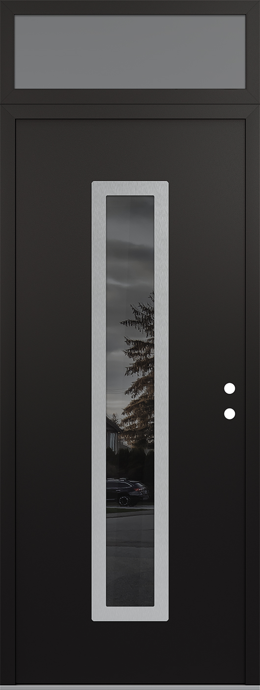 Modern Steel Front Door DIAMOND A11 36" X 96" BLACK/BLACK MIRRORED GLASS PANEL STAINLESS STEEL LHI WITH TRANSOM FROSTED GLASS