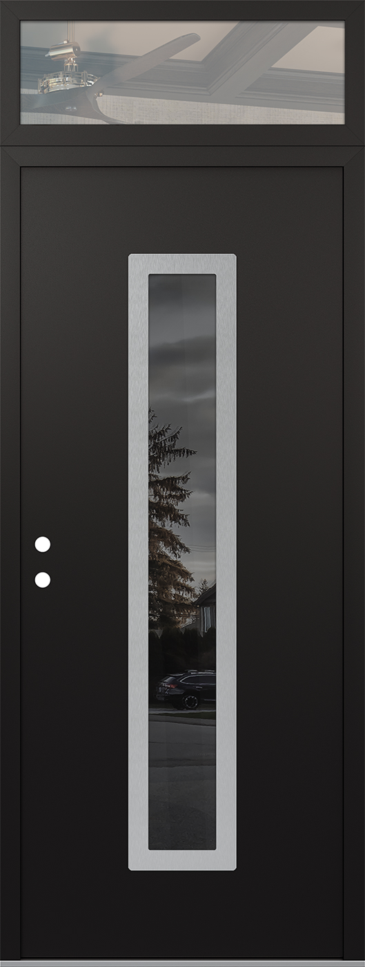 Modern Steel Front Door DIAMOND A11 36" X 96" BLACK/BLACK MIRRORED GLASS PANEL STAINLESS STEEL RHI WITH TRANSOM CLEAR GLASS