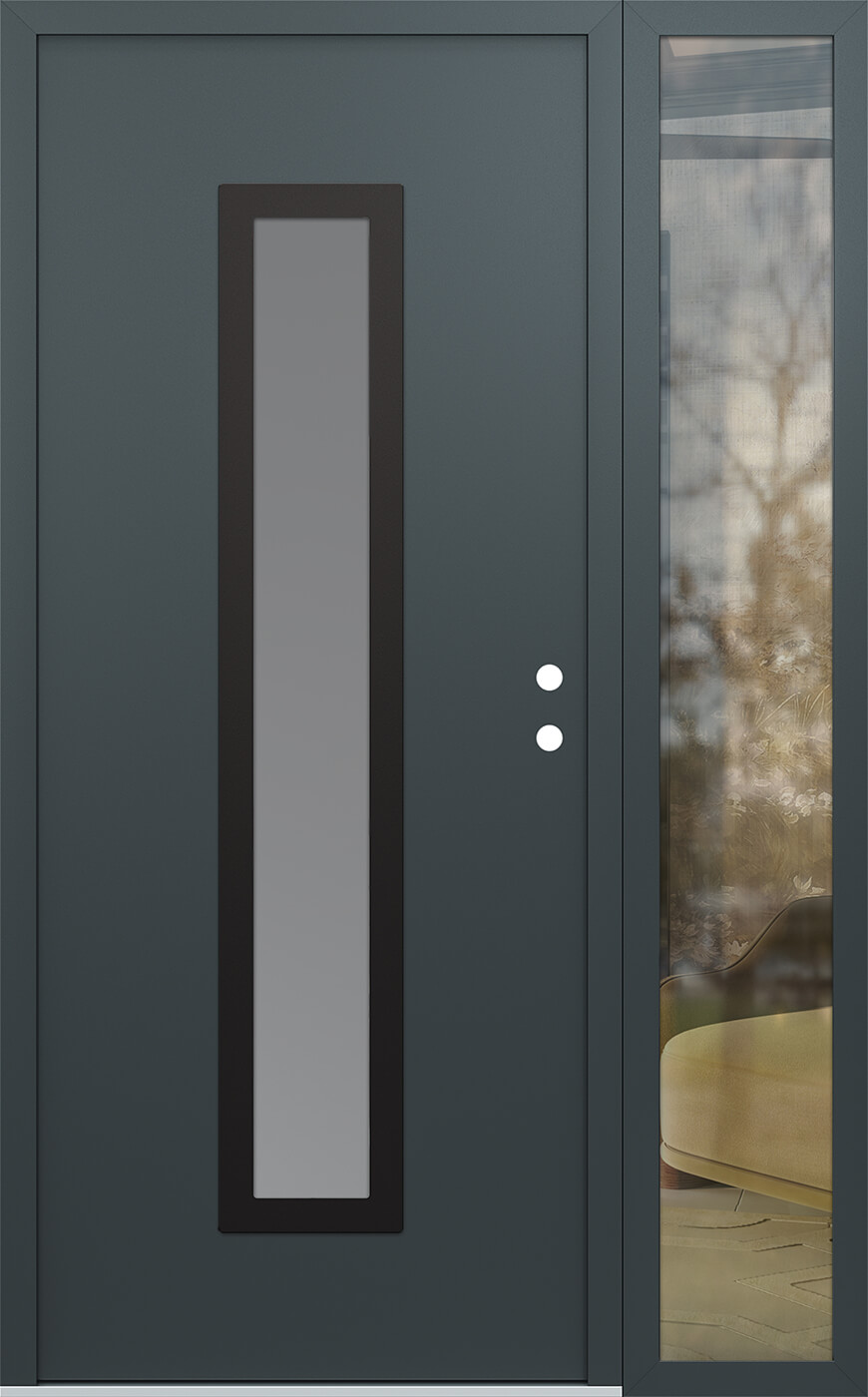 Modern Steel Front Door DIAMOND A11 48" X 80" ANTHRACITE/ANTHRACITE FROSTED GLASS PANEL BLACK LHI WITH SIDELITE CLEAR GLASS