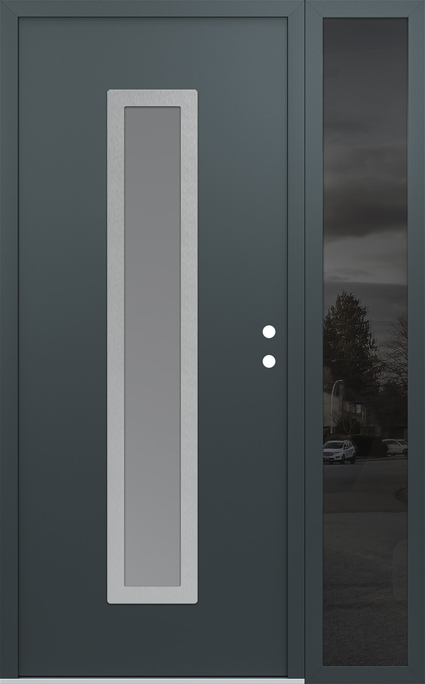Modern Steel Front Door DIAMOND A11 48" X 80" ANTHRACITE/ANTHRACITE FROSTED GLASS PANEL STAINLESS STEEL LHI WITH SIDELITE MIRRORED GLASS