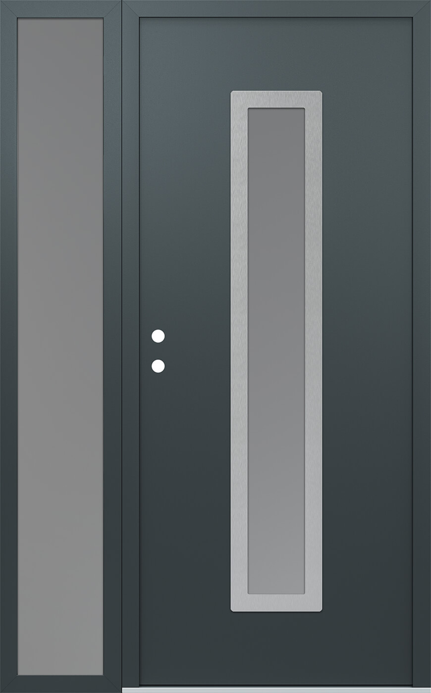 Modern Steel Front Door DIAMOND A11 48" X 80" ANTHRACITE/ANTHRACITE FROSTED GLASS PANEL STAINLESS STEEL RHI WITH SIDELITE FROSTED GLASS