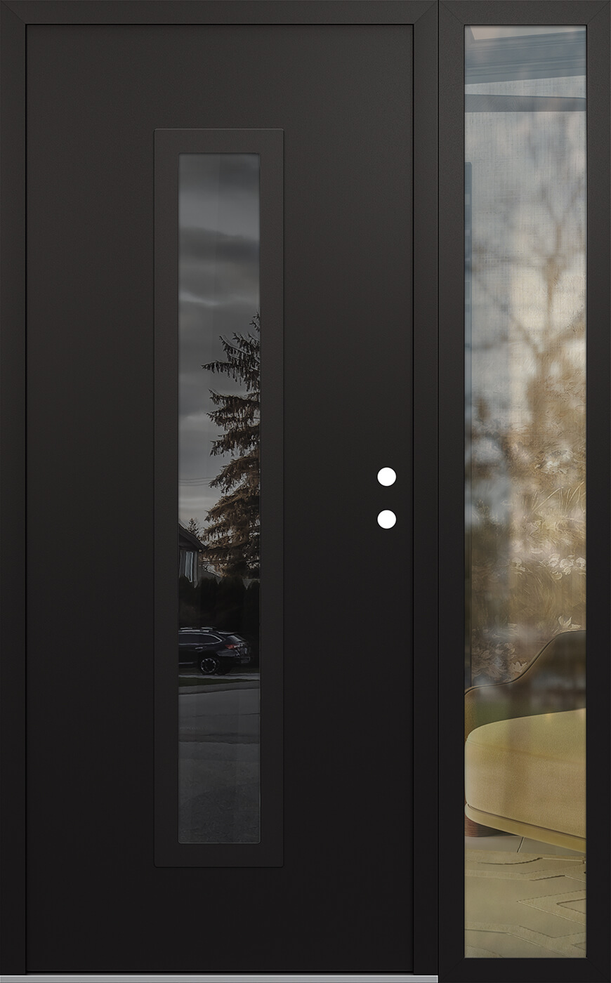 Modern Steel Front Door DIAMOND A11 48" X 80" BLACK/BLACK MIRRORED GLASS PANEL BLACK LHI WITH SIDELITE CLEAR GLASS