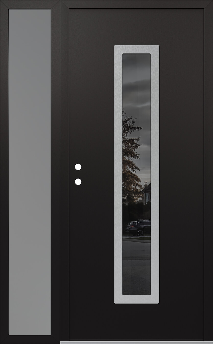 Modern Steel Front Door DIAMOND A11 48" X 80" BLACK/BLACK MIRRORED GLASS PANEL STAINLESS STEEL RHI WITH SIDELITE FROSTED GLASS