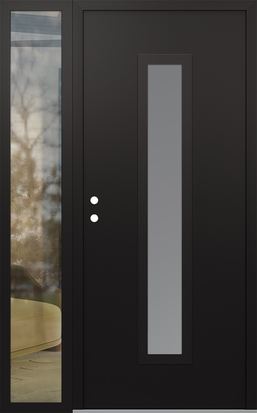 Modern Steel Front Door DIAMOND A11 48" X 80" BLACK/WHITE FROSTED GLASS PANEL BLACK RHI WITH SIDELITE CLEAR GLASS