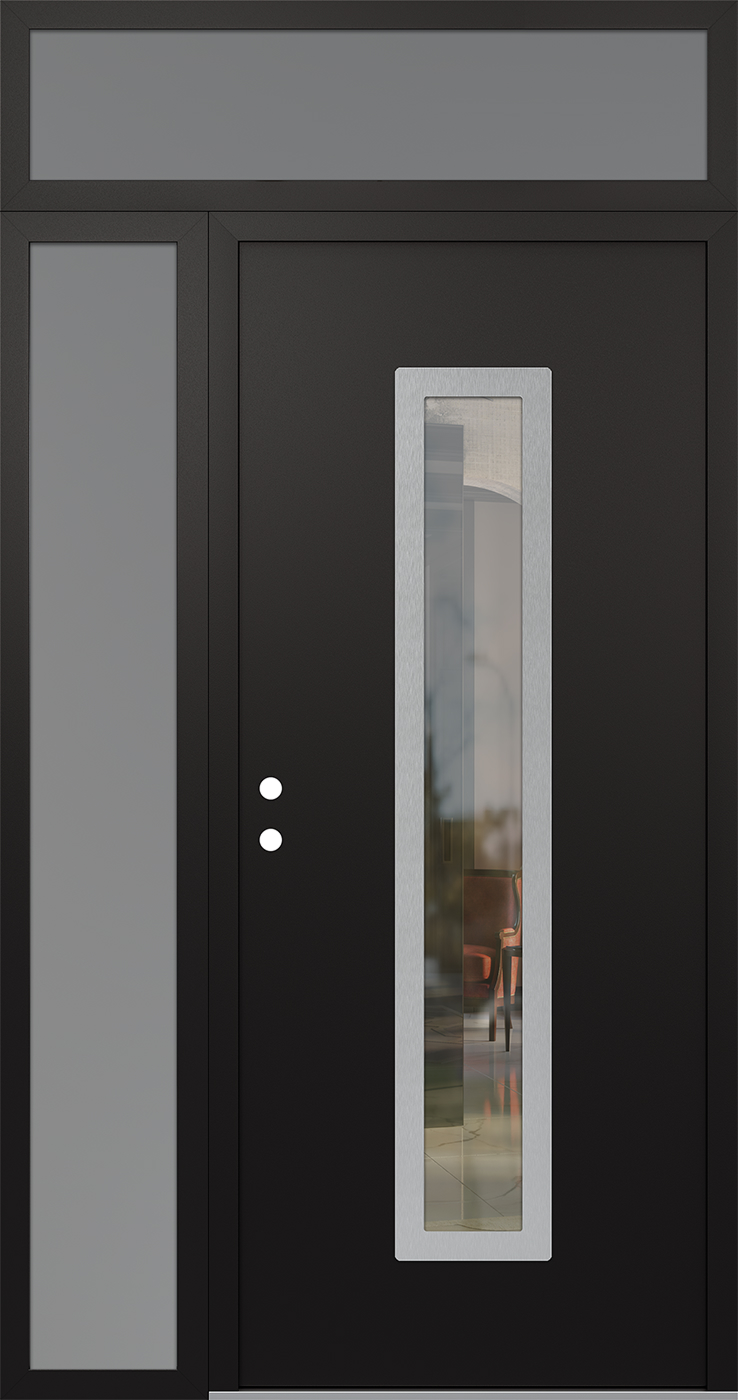 Modern Steel Front Door DIAMOND A11 48" X 96" BLACK/BLACK CLEAR GLASS PANEL STAINLESS STEEL RHI WITH SIDELITE AND TRANSOM FROSTED GLASS