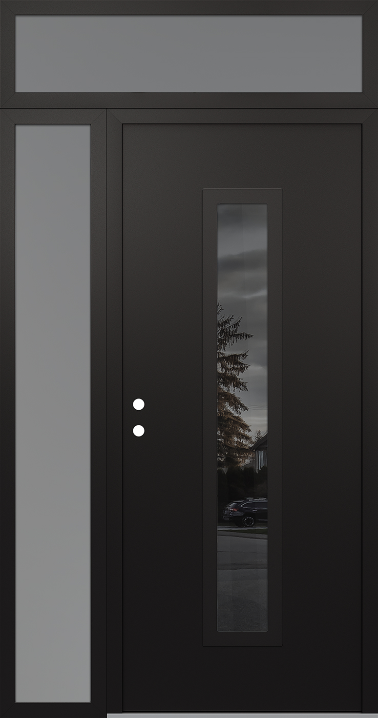 Modern Steel Front Door DIAMOND A11 48" X 96" BLACK/BLACK MIRRORED GLASS PANEL BLACK RHI WITH SIDELITE AND TRANSOM FROSTED GLASS