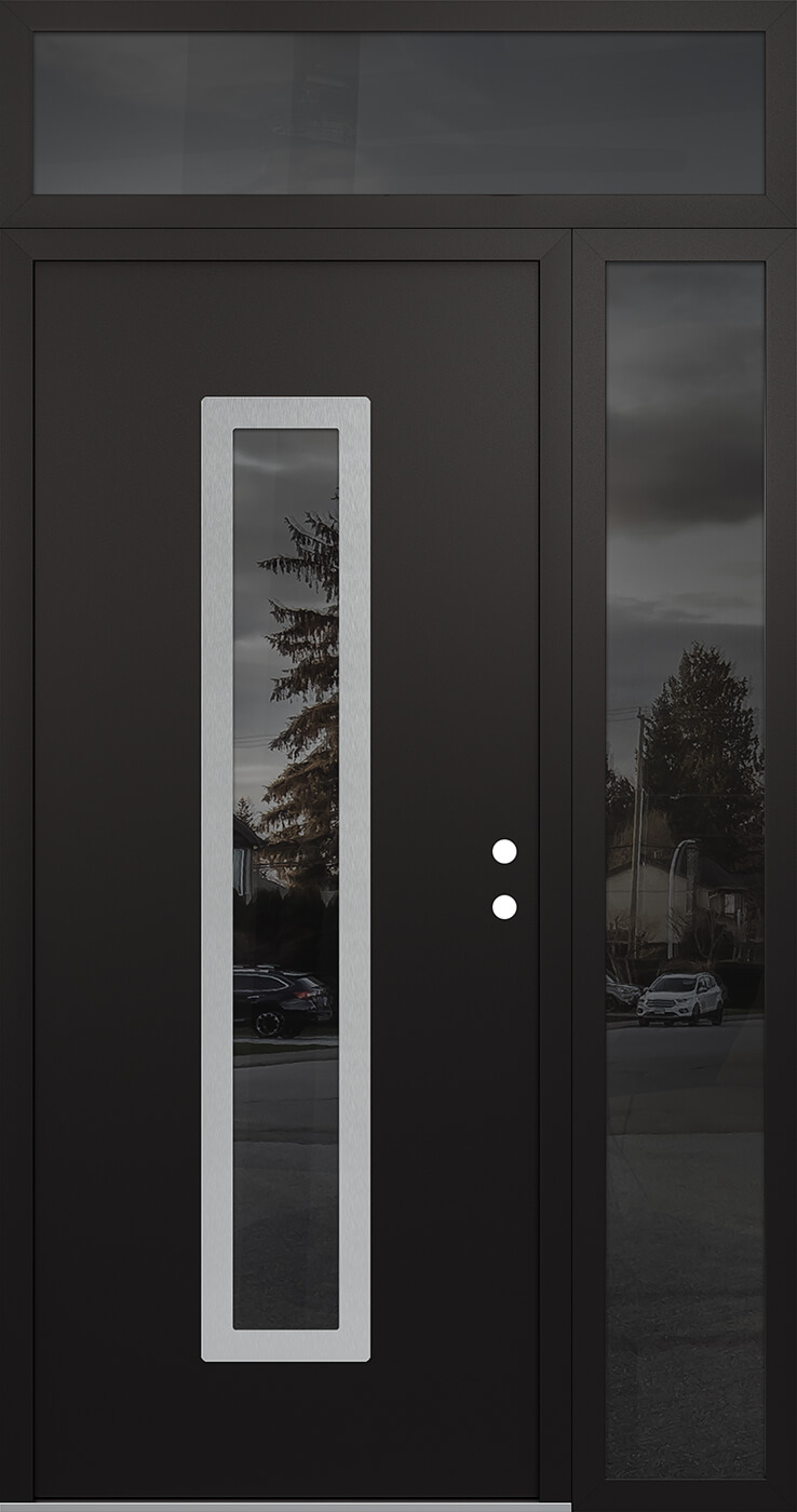 Modern Steel Front Door DIAMOND A11 48" X 96" BLACK/BLACK MIRRORED GLASS PANEL STAINLESS STEEL LHI WITH SIDELITE AND TRANSOM MIRRORED GLASS