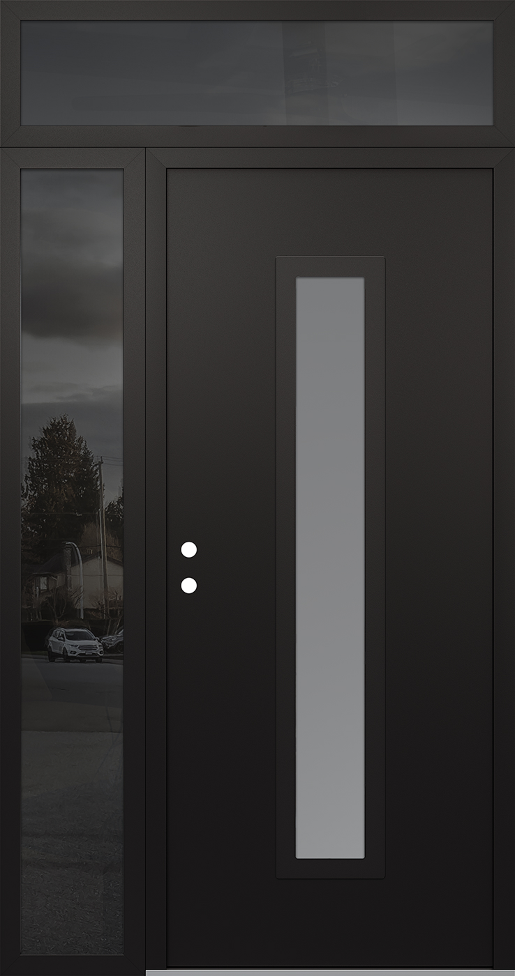 Modern Steel Front Door DIAMOND A11 48" X 96" BLACK/WHITE FROSTED GLASS PANEL BLACK RHI WITH SIDELITE AND TRANSOM MIRRORED GLASS