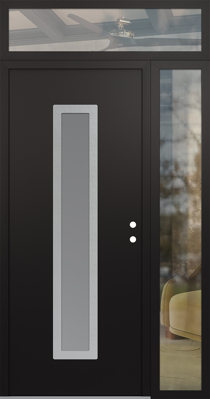 Modern Steel Front Door DIAMOND A11 48" X 96" BLACK/WHITE FROSTED GLASS PANEL STAINLESS STEEL LHI WITH SIDELITE AND TRANSOM CLEAR GLASS