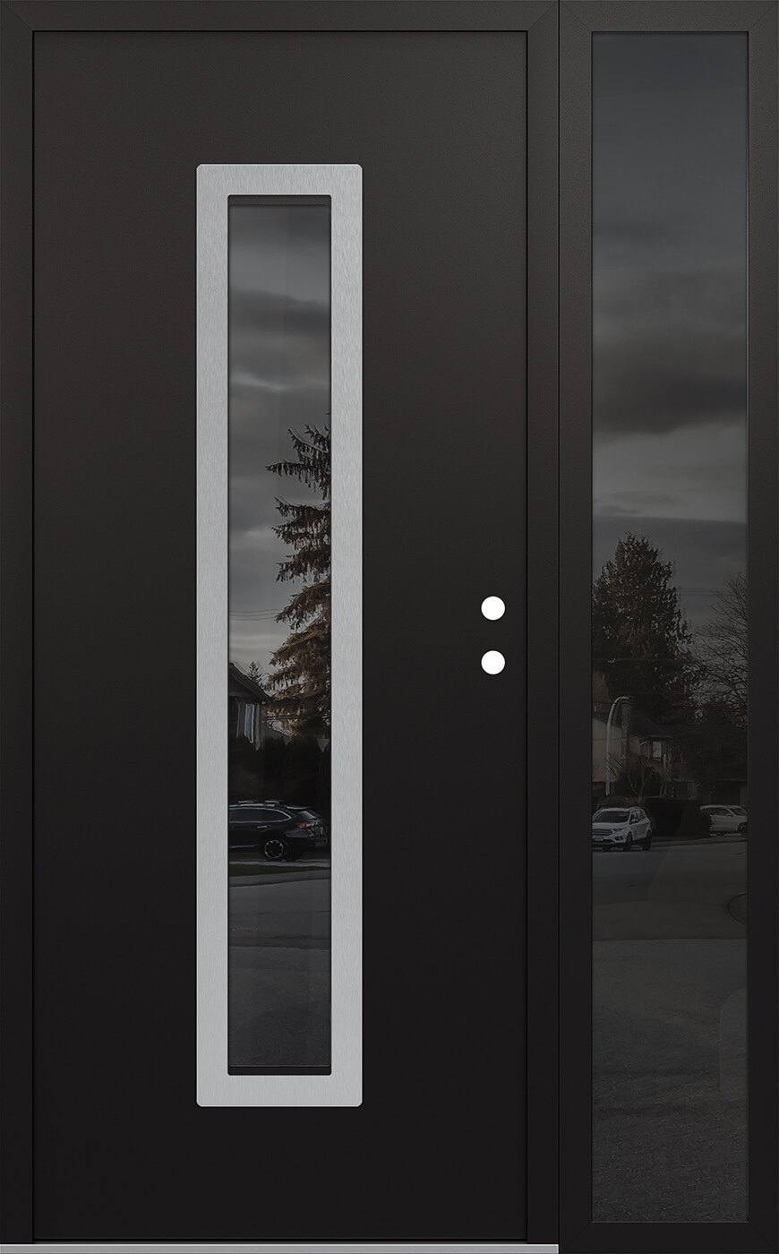 Modern Steel Front Door DIAMOND A11 50" X 80" BLACK/BLACK MIRRORED GLASS PANEL STAINLESS STEEL LHI WITH SIDELITE MIRRORED GLASS