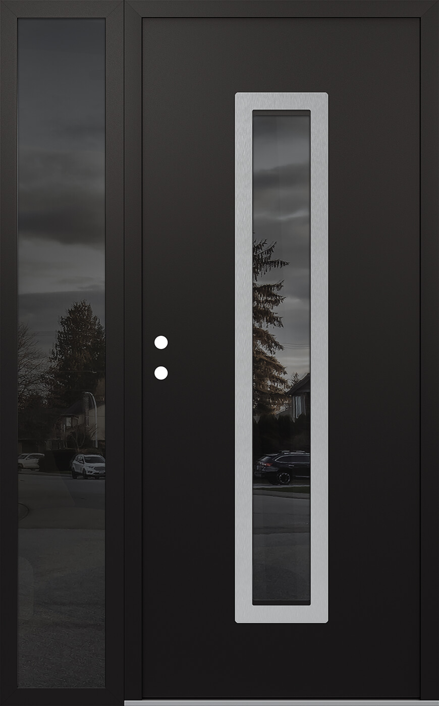 Modern Steel Front Door DIAMOND A11 50" X 80" BLACK/BLACK MIRRORED GLASS PANEL STAINLESS STEEL RHI WITH SIDELITE MIRRORED GLASS