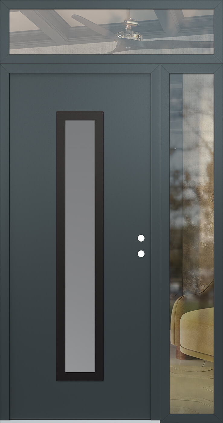 Modern Steel Front Door DIAMOND A11 50" X 96" ANTHRACITE/ANTHRACITE FROSTED GLASS PANEL BLACK LHI WITH SIDELITE AND TRANSOM CLEAR GLASS