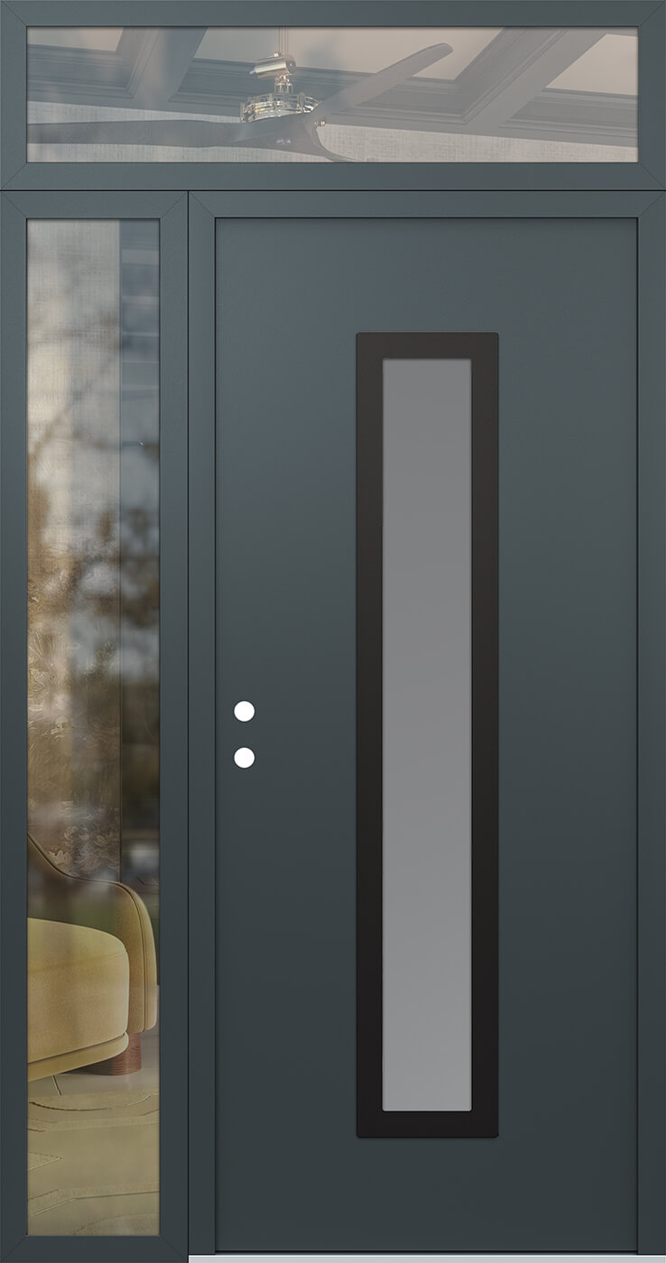 Modern Steel Front Door DIAMOND A11 50" X 96" ANTHRACITE/ANTHRACITE FROSTED GLASS PANEL BLACK RHI WITH SIDELITE AND TRANSOM CLEAR GLASS