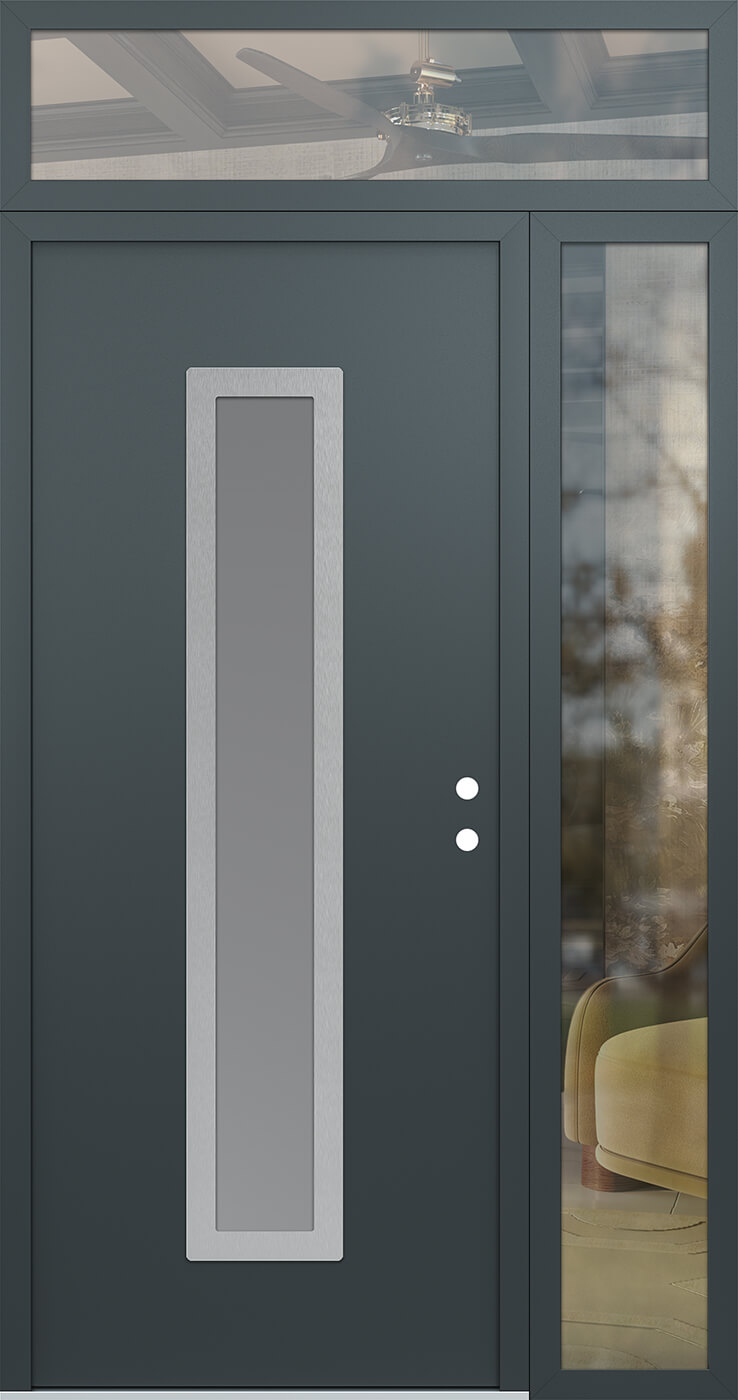 Modern Steel Front Door DIAMOND A11 50" X 96" ANTHRACITE/ANTHRACITE FROSTED GLASS PANEL STAINLESS STEEL LHI WITH SIDELITE AND TRANSOM CLEAR GLASS