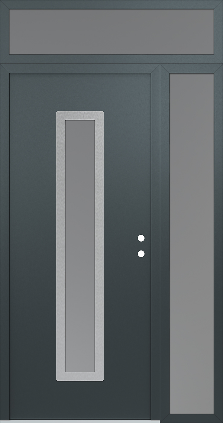 Modern Steel Front Door DIAMOND A11 50" X 96" ANTHRACITE/ANTHRACITE FROSTED GLASS PANEL STAINLESS STEEL LHI WITH SIDELITE AND TRANSOM FROSTED GLASS