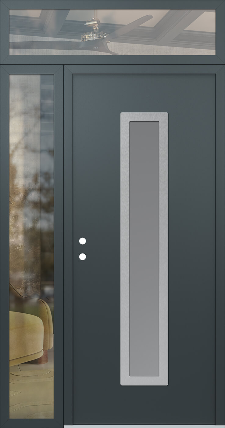 Modern Steel Front Door DIAMOND A11 50" X 96" ANTHRACITE/ANTHRACITE FROSTED GLASS PANEL STAINLESS STEEL RHI WITH SIDELITE AND TRANSOM CLEAR GLASS