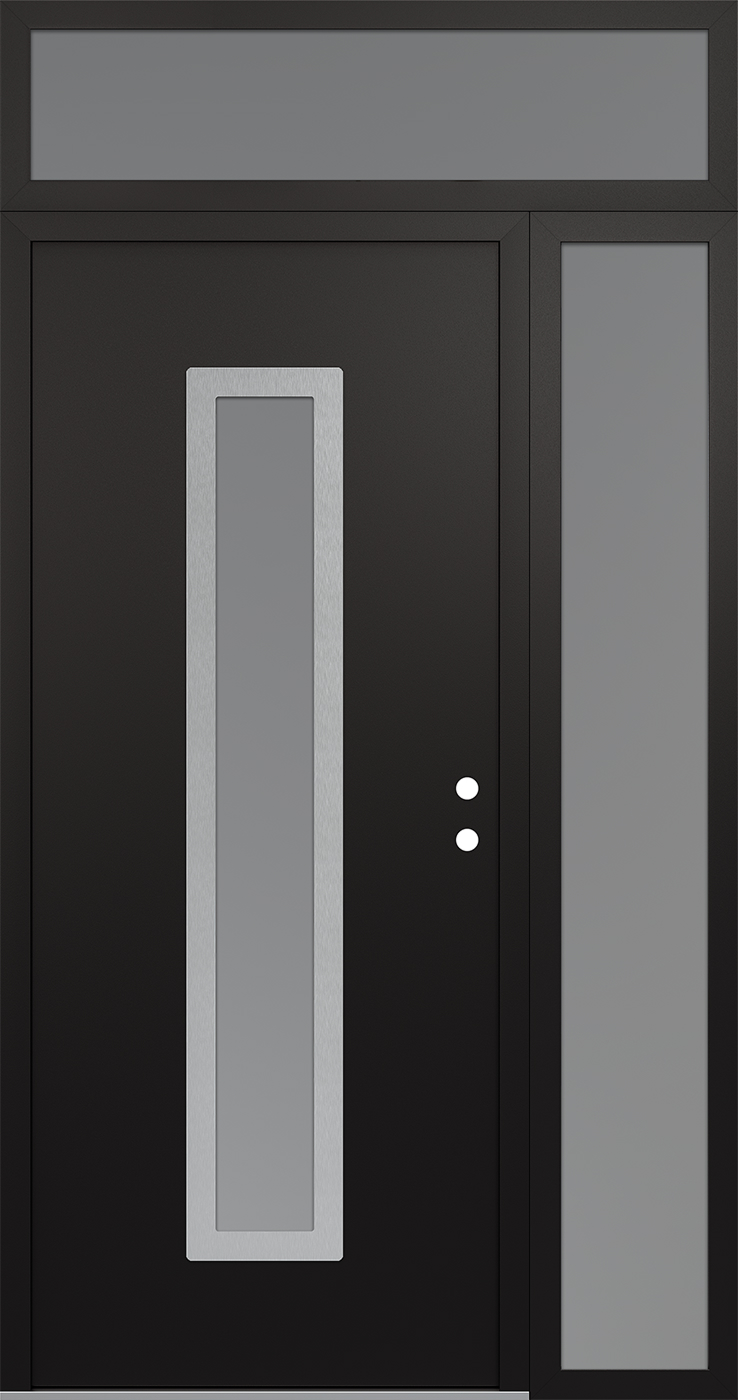 Modern Steel Front Door DIAMOND A11 50" X 96" BLACK/WHITE FROSTED GLASS PANEL STAINLESS STEEL LHI WITH SIDELITE AND TRANSOM FROSTED GLASS