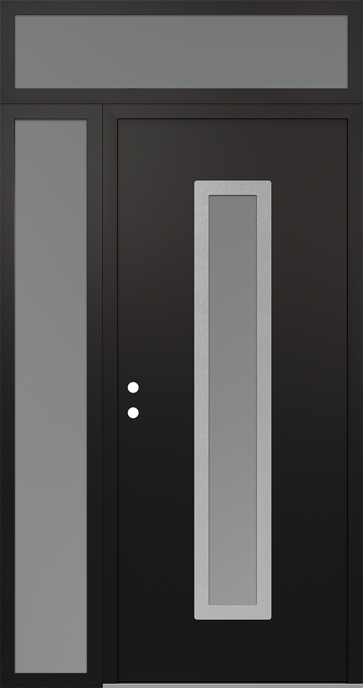 Modern Steel Front Door DIAMOND A11 50" X 96" BLACK/WHITE FROSTED GLASS PANEL STAINLESS STEEL RHI WITH SIDELITE AND TRANSOM FROSTED GLASS