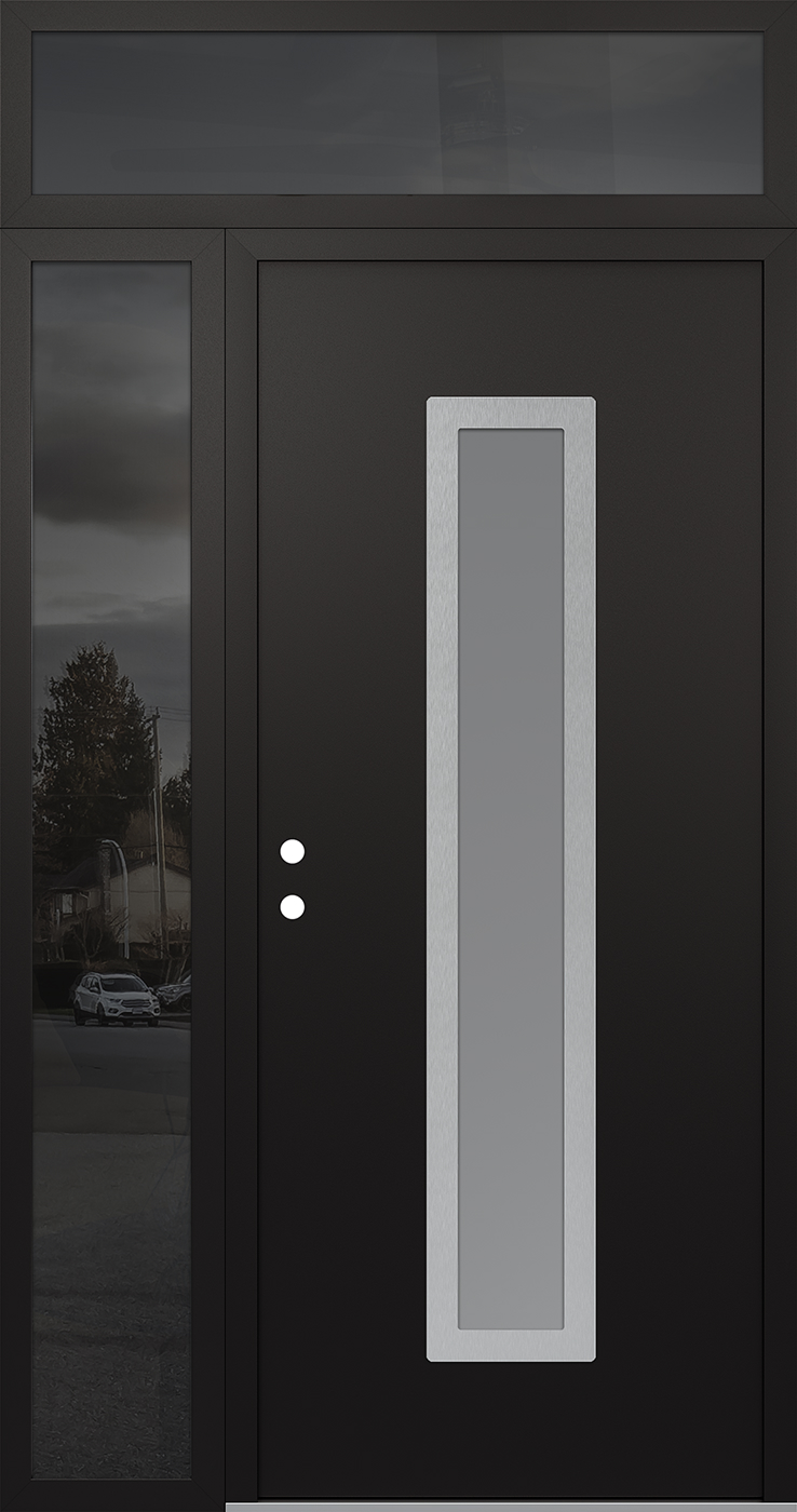 Modern Steel Front Door DIAMOND A11 50" X 96" BLACK/WHITE FROSTED GLASS PANEL STAINLESS STEEL RHI WITH SIDELITE AND TRANSOM MIRRORED GLASS