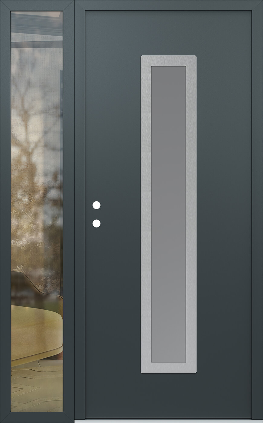 Modern Steel Front Door DIAMOND A11 52" X 80" ANTHRACITE/ANTHRACITE FROSTED GLASS PANEL STAINLESS STEEL RHI WITH SIDELITE CLEAR GLASS