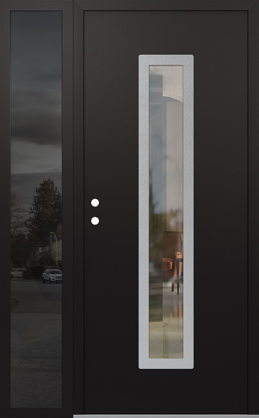 Modern Steel Front Door DIAMOND A11 52" X 80" BLACK/BLACK CLEAR GLASS PANEL STAINLESS STEEL RHI WITH SIDELITE MIRRORED GLASS